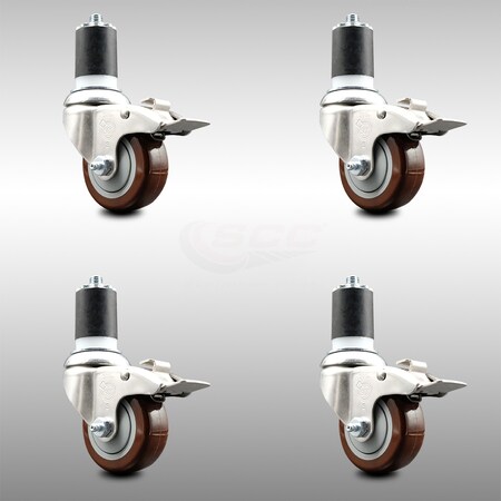 Service Caster 3.5 Inch 316SS Maroon Poly Swivel 1-7/8 Inch Stem Caster Set Lock Brake SCC SCC-SS316TTLEX20S3514-PPUB-MRN-178-4